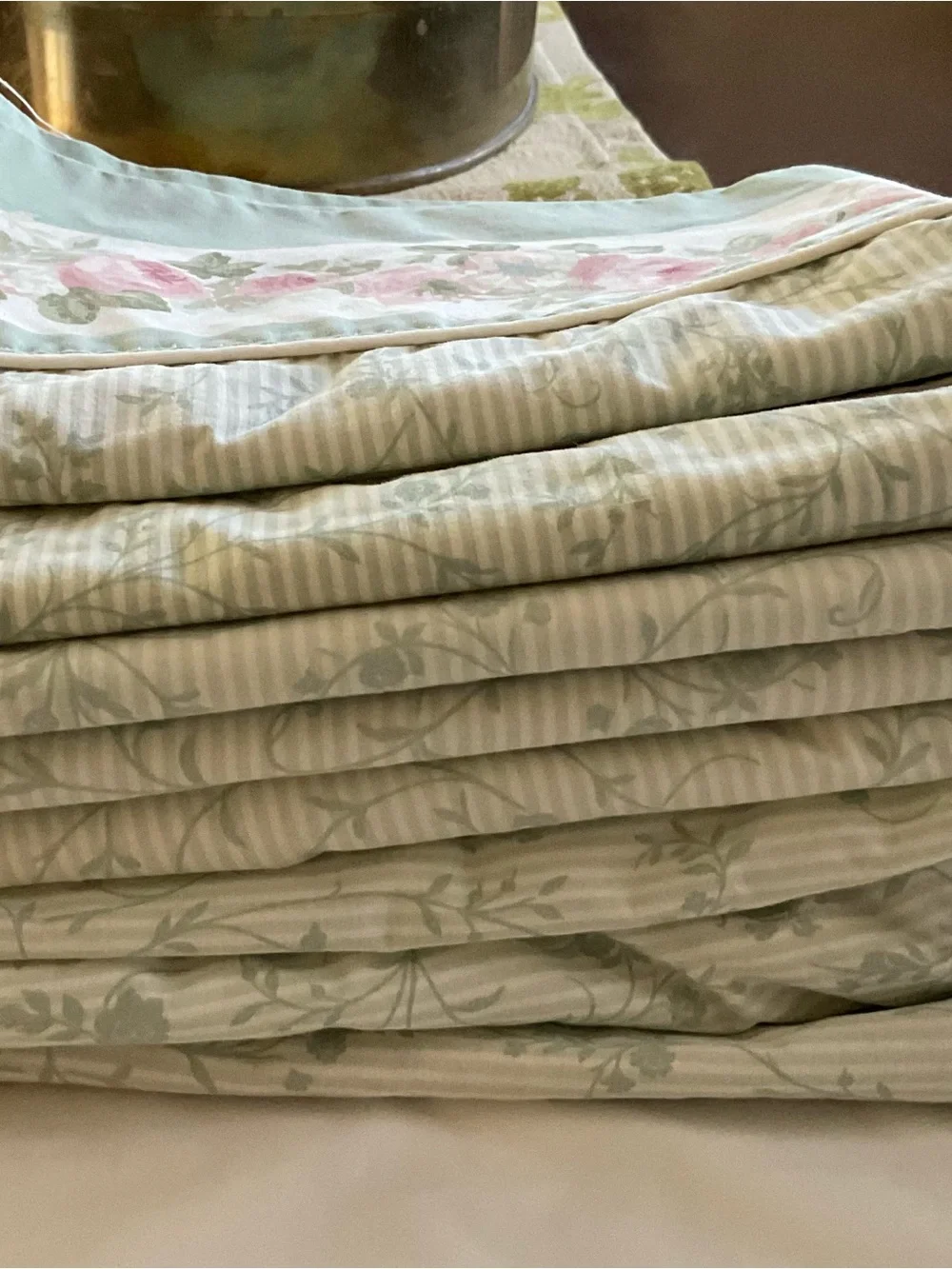 Laura Ashley Cottage Rose Floral W/Green Stripes Twin Sheet Set 4PCS-Vintage USA